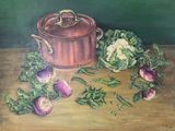un tableau représentant un pot et des légumes posés sur une table
