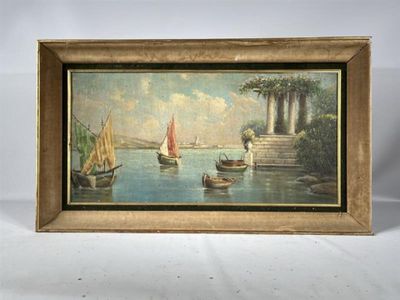 an oil painting of boats on a river with a gazebo in the background