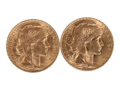Deux pièces de vingt francs or au coq, 1909. Usures. - Photo 1