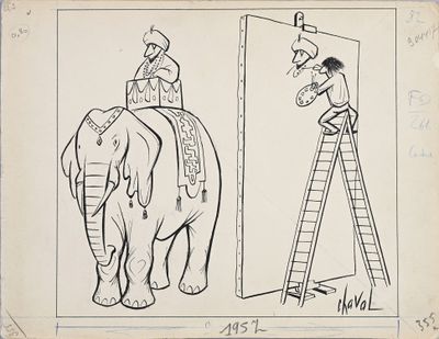 dessin représentant un homme debout sur une échelle à côté d'un dessin d'éléphant