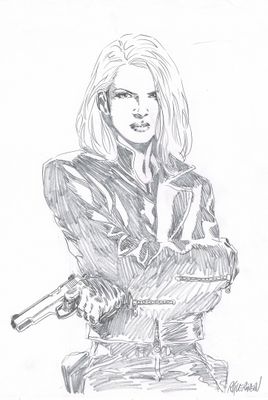 un dessin représentant une femme tenant un pistolet à la main
