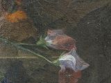 a painting of flowers in a blue vase on a table