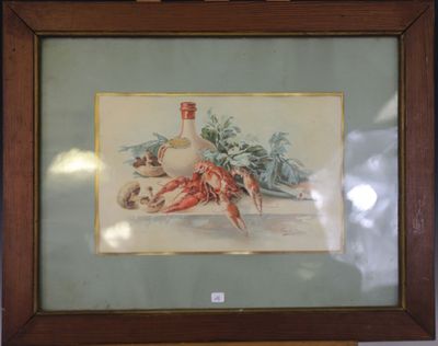 tableau représentant des homards et une bouteille de vin, dans un cadre en bois