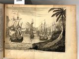 un vieux livre avec une illustration représentant des bateaux sur un plan d'eau