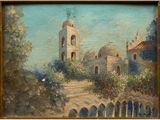 an oil painting of a church with a bell tower in the background