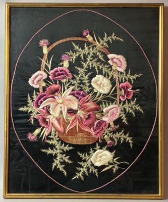 an image of a picture of a basket of flowers on a wall