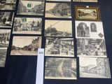 several old black and white photos of a city with buildings