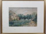 une image d'une peinture représentant une maison et des arbres dans un champ