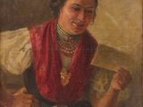 un vieux tableau représentant une femme assise sur un canapé, avec un foulard rouge