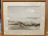 framed watercolor painting of a beach scene with a lighthouse in the distance