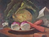 a painting of a plate of vegetables on a table