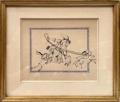 an image of a drawing of a man on a horse with a dog
