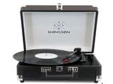 a close up of a suitcase with a record player inside of it