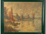 an oil painting of a river scene with a boat in the water