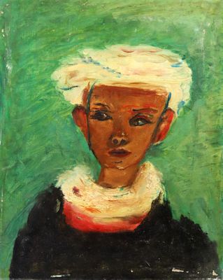 une peinture à l'huile représentant un jeune garçon coiffé d'un chapeau blanc