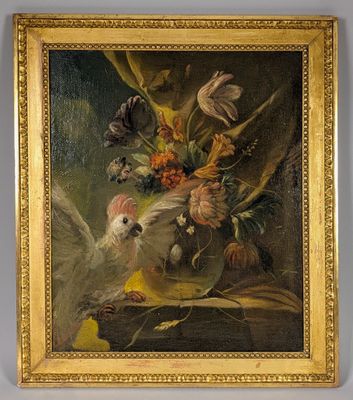 painting of a bird and flowers in a vase on a table