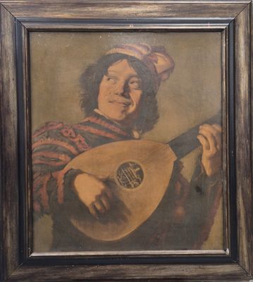 un vieux tableau représentant un homme jouant du luth, dans un cadre en bois