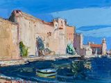 une peinture d'un bateau dans l'eau près d'un bâtiment