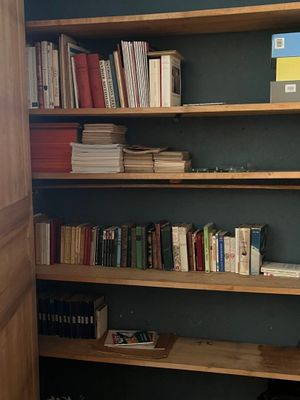 une étagère avec de nombreux livres dans une pièce