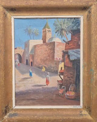 une peinture à l'huile représentant une scène de rue avec une église à l'arrière-plan