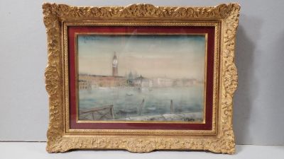 painting of a view of a city with a clock tower in the distance