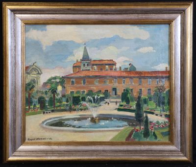 an oil painting of a building with a fountain in front of it
