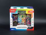 La boîte contient deux cartes Pokémon différentes et un porte-cartes.
