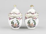 pair of chinese porcelain jars with deers and wreaths on them