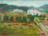 une peinture à l'huile représentant une scène de campagne avec une maison blanche au loin