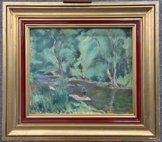 Eugène ALLUAUD (1866-1947) « Pêcheur au bord de la Sédelle, matin...