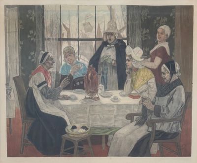 tableau représentant un groupe de personnes assises autour d'une table devant une fenêtre