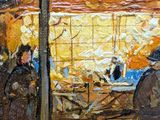 painting of two people standing in front of a store on a city street