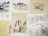 several sketches of people and animals are shown on a piece of paper