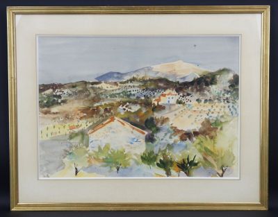 une aquarelle représentant un paysage avec une montagne en arrière-plan