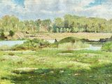 un tableau représentant un champ avec une rivière en arrière-plan