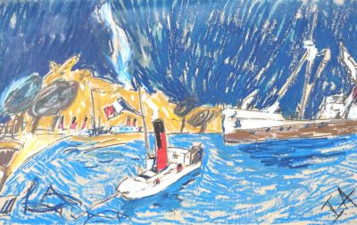 dessin représentant un bateau sur l'eau, avec une montagne en arrière-plan