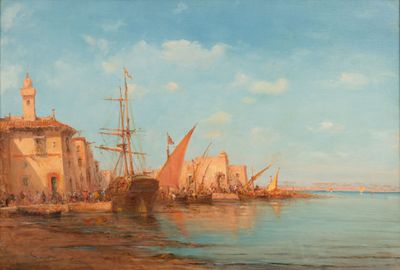 tableau représentant une scène de port avec des bateaux sur l'eau