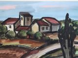 tableau représentant un village avec une église et un arbre au premier plan