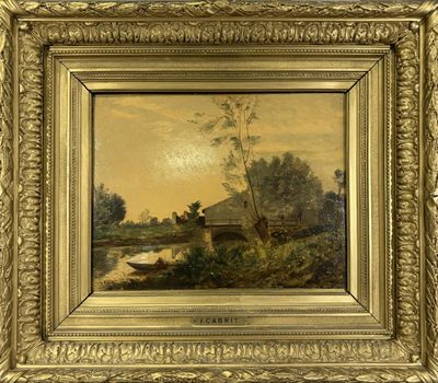 un tableau représentant un bateau sur une rivière, avec une maison en arrière-plan
