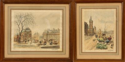 deux tableaux encadrés représentant une scène de rue avec des personnages et des bâtiments