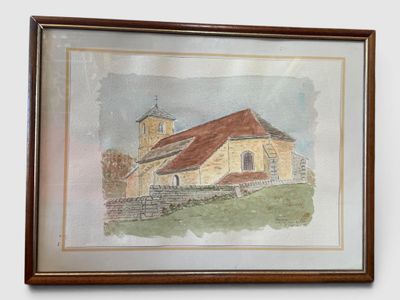 aquarelle encadrée représentant une église avec un clocher et un clocher
