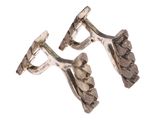 pair of silver cufflinks with leaves on them on a white background