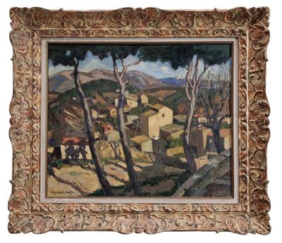 une image représentant un tableau d'un village avec des arbres au premier plan