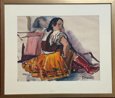 tableau représentant une femme assise sur une chaise avec une guitare