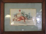 tableau représentant des homards et une bouteille de vin, dans un cadre en bois