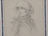 drawing of a woman with a hat and scarf in a frame
