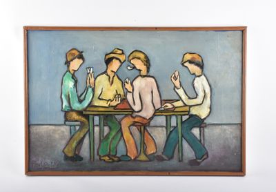 tableau représentant un groupe de personnes assises à une table avec des verres