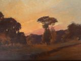 une peinture à l'huile représentant un paysage avec des arbres au premier plan