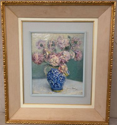 tableau représentant un vase bleu et blanc contenant des fleurs roses