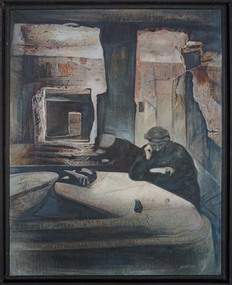 un tableau représentant un homme et un chien assis sur un lit